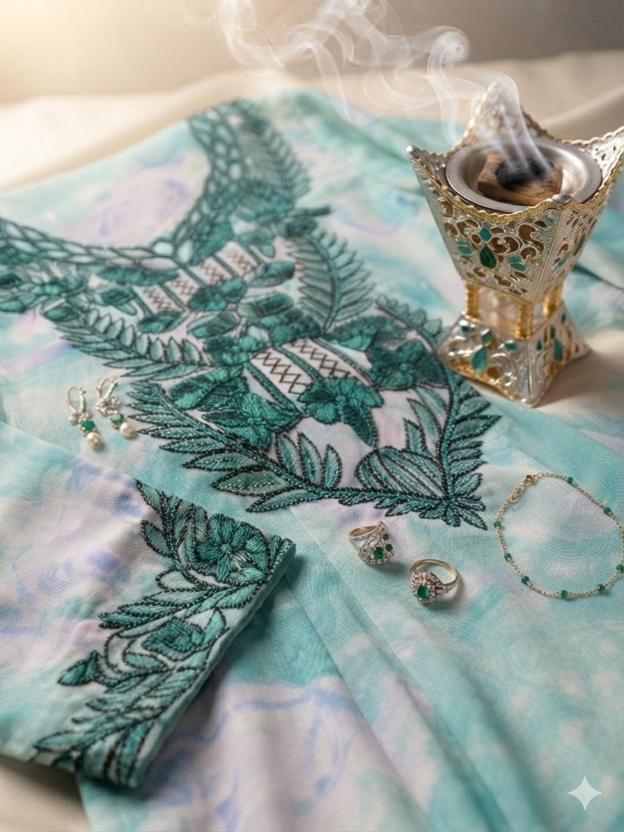 Mint Teal Embroidered Indonesian Silk Mukhawar — Luxury Leaf & Floral Beadwork | Unstitched