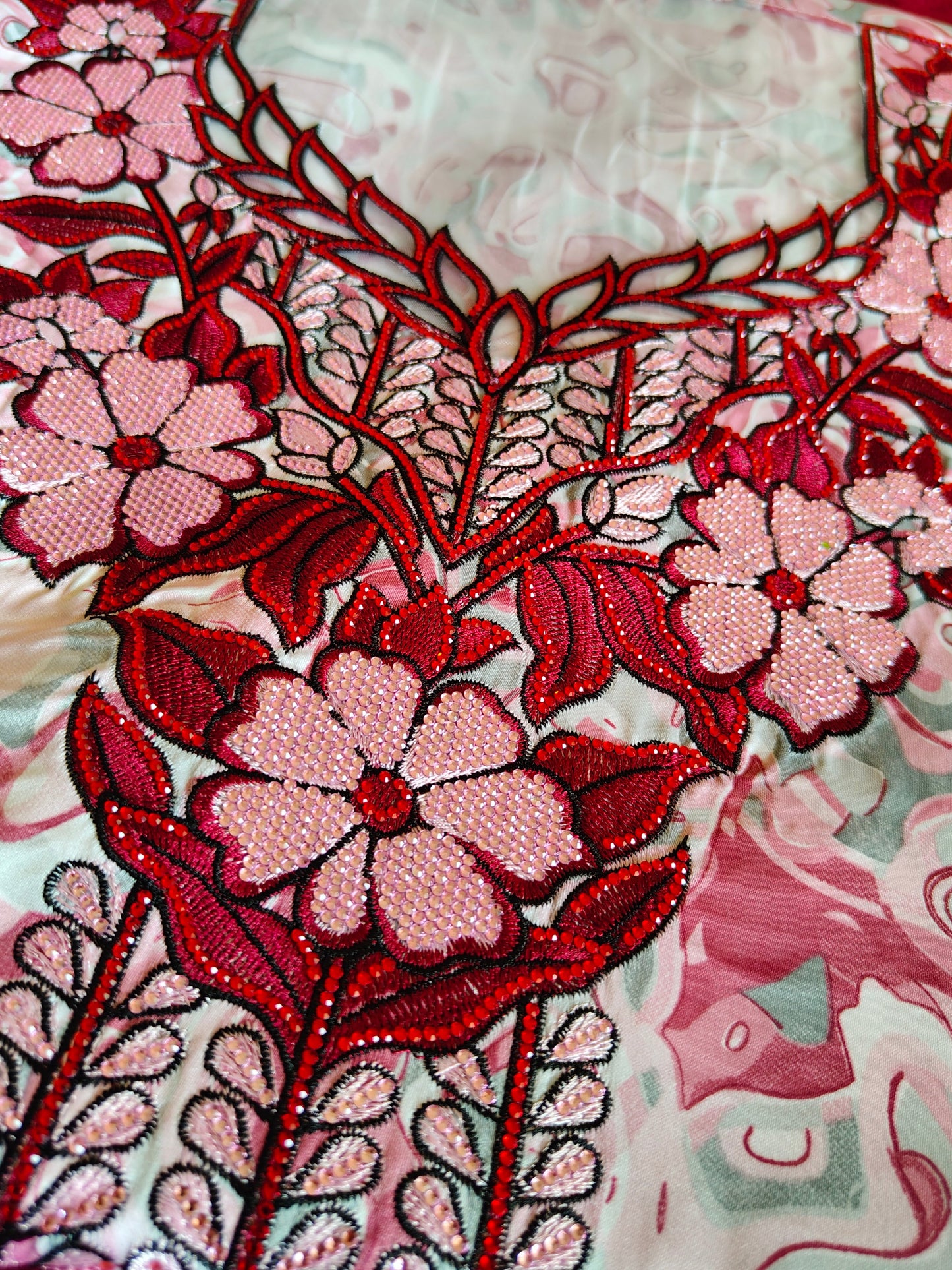 White Red Floral Embroidered Indonesian Silk Mukhawar with Sheila — Deep Red Threadwork & Leaf Embroidery | Unstitched