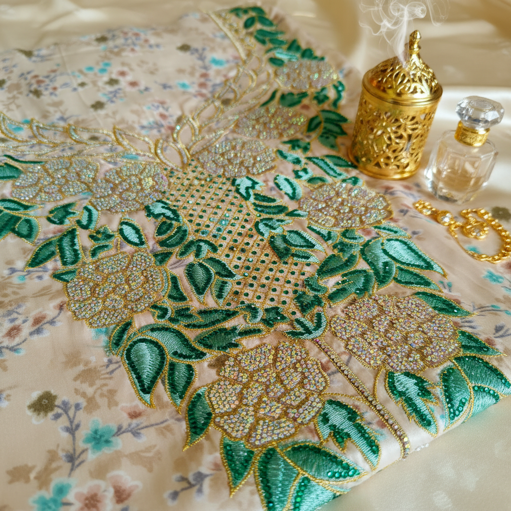 Ivory Teal Crystal Beadwork Close-up