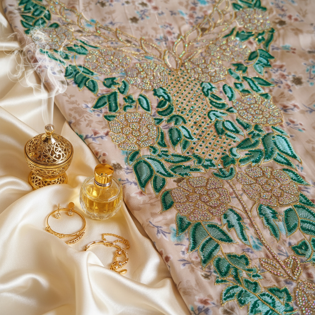 Ivory Teal Iridescent Beadwork Close-up