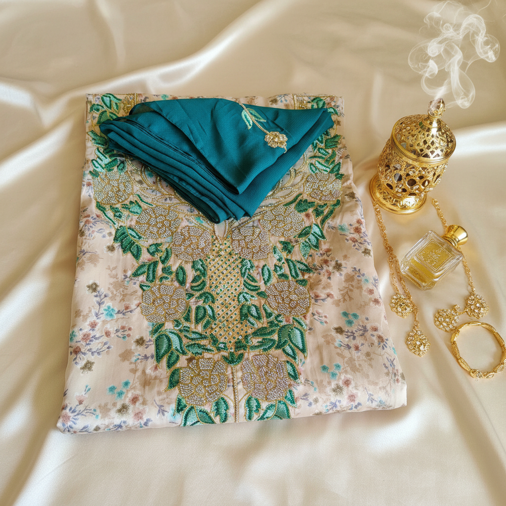 Ivory Teal Silk with Sheila Hero Shot