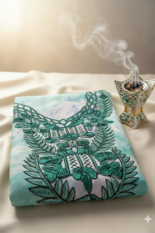 Mint Teal Embroidered Indonesian Silk — Centered, No Watermark