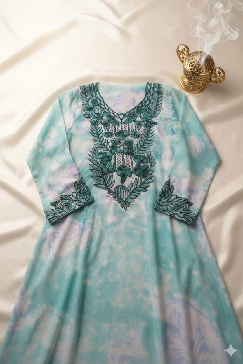 Mint Teal Embroidered Indonesian Silk Dress — Flat Lay with Bakhoor