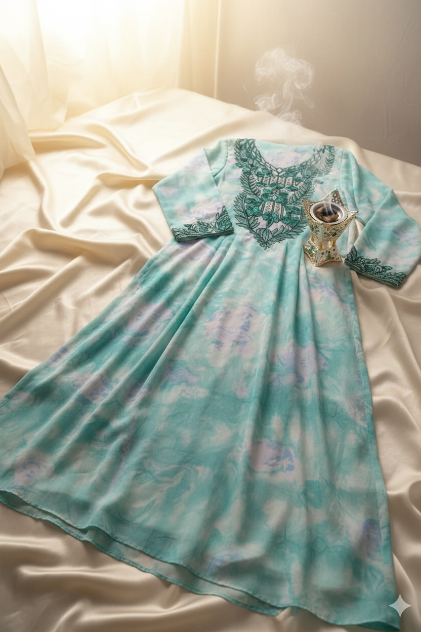Mint Teal Embroidered Indonesian Silk Dress — Styled with Bakhoor