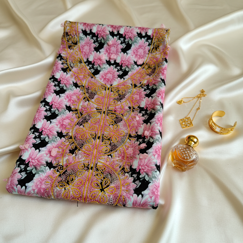 Pink Floral Silk Close-up with Attar & Jewelry