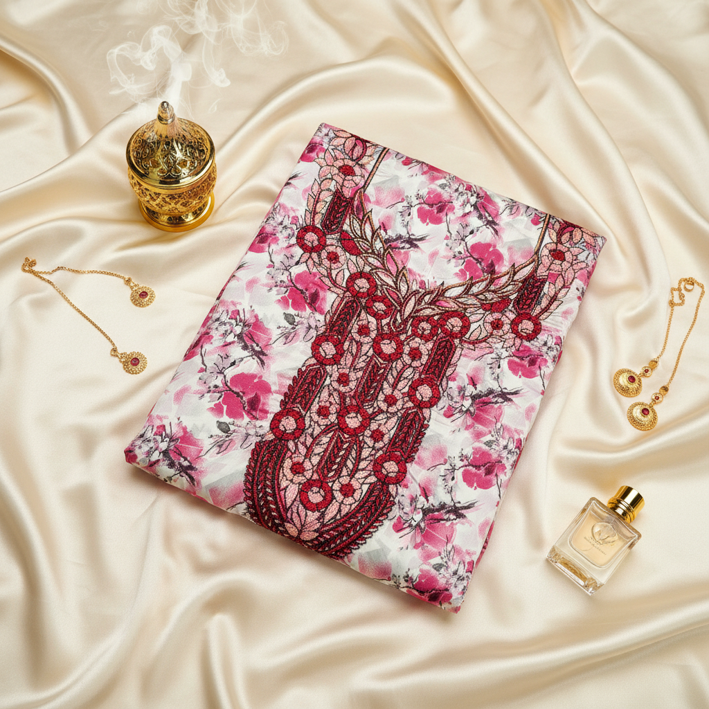 White Red Floral Silk on Signature Background