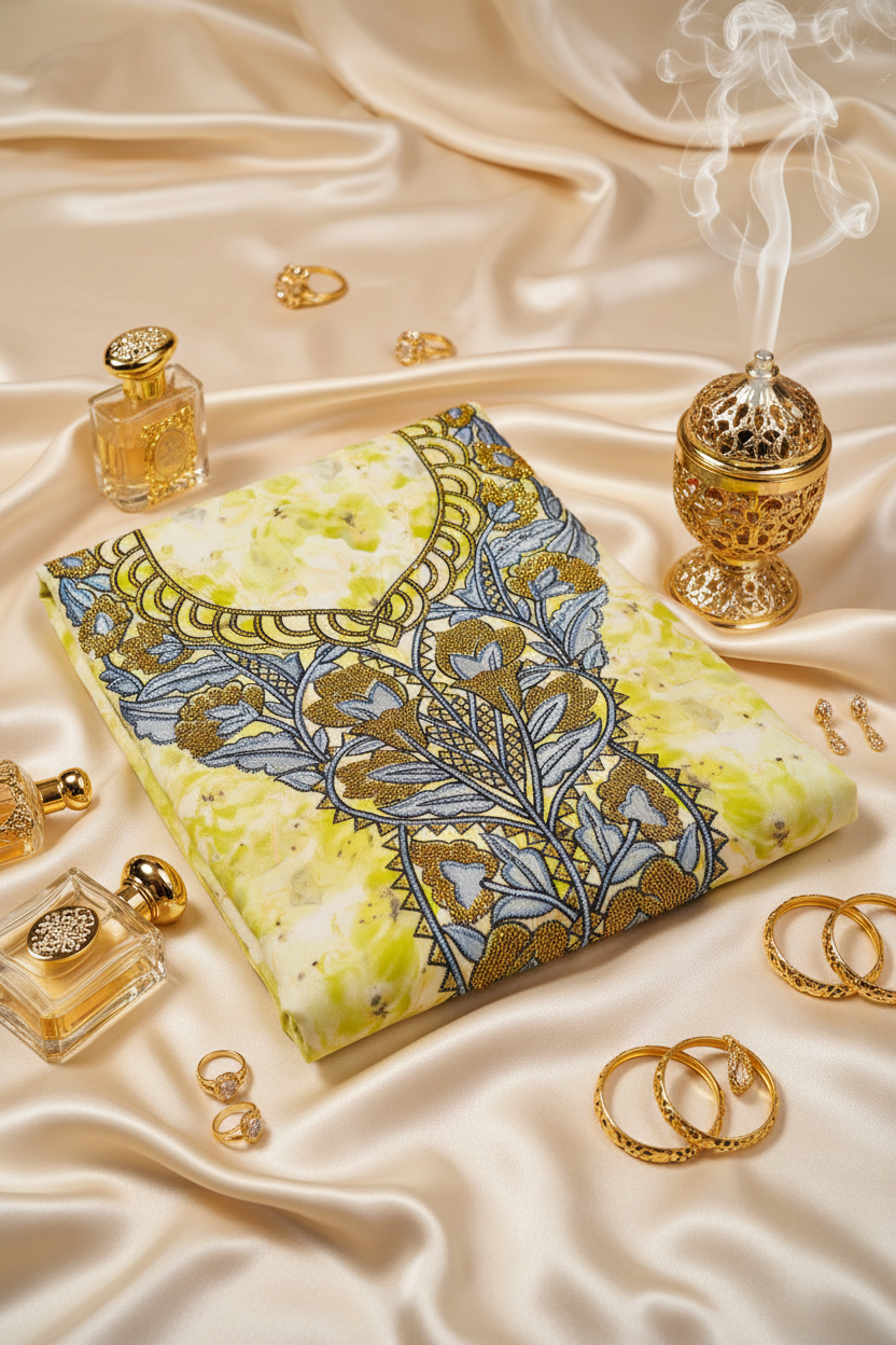 Yellow Lime Silk Mukhawar Close-up 1 — Bakhoor, Perfumes & Gold Jewellery