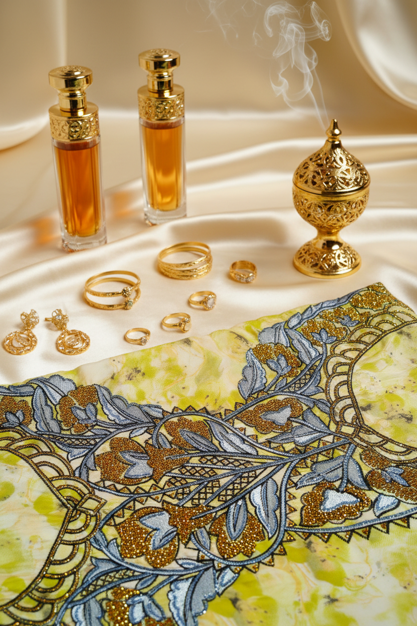 Yellow Lime Silk Mukhawar Close-up 2 — Bakhoor, Perfumes & Gold Jewellery