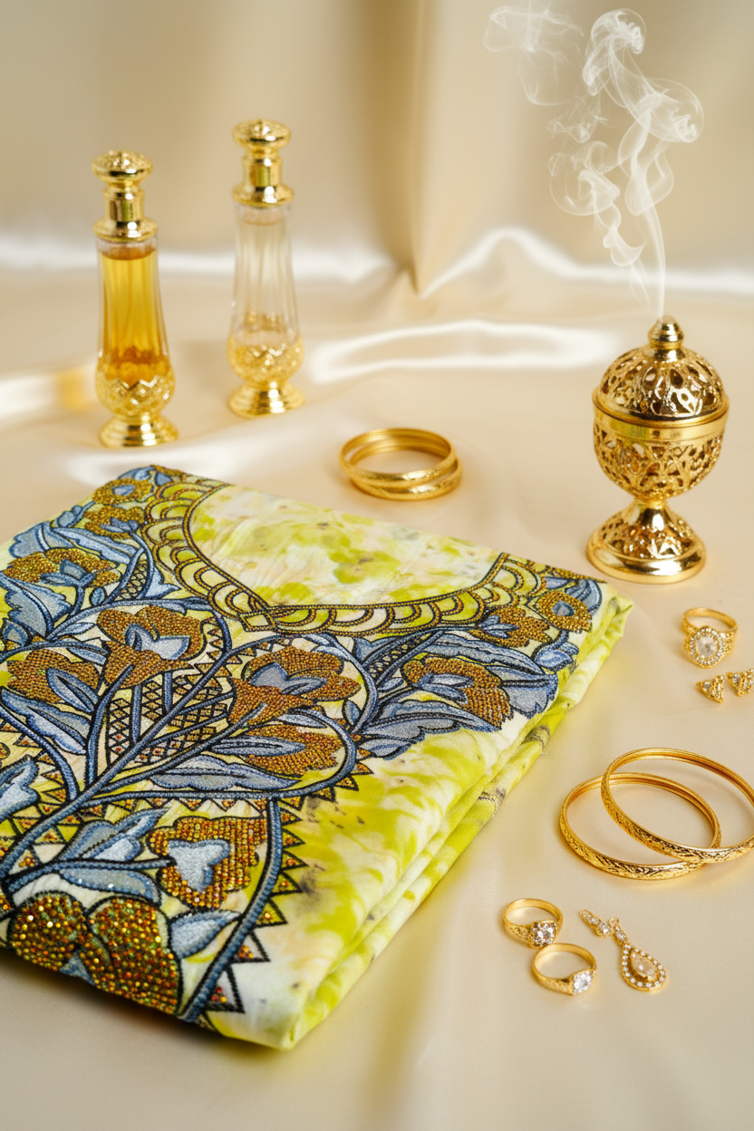 Yellow Lime Silk Mukhawar Close-up 3 — Bakhoor, Perfumes & Gold Jewellery