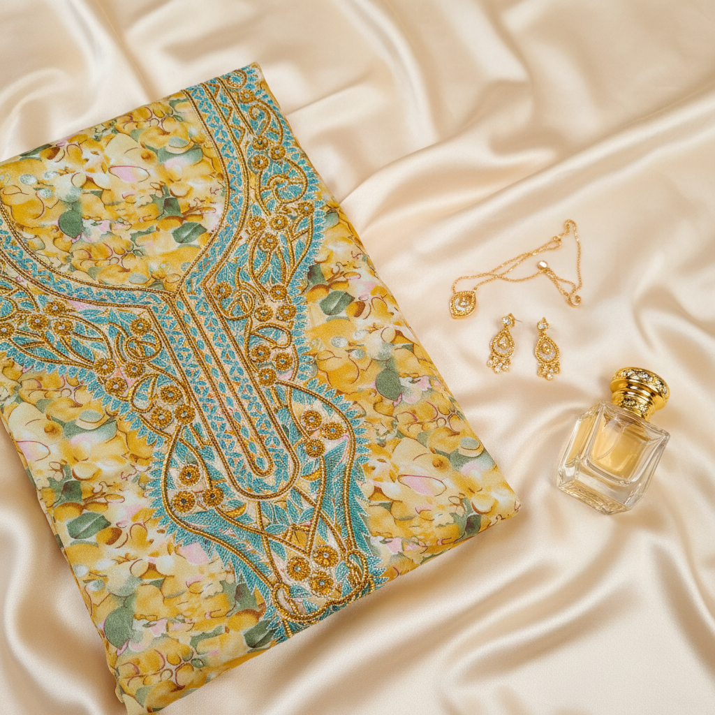 Yellow Teal Close-up with Attar & Jewelry